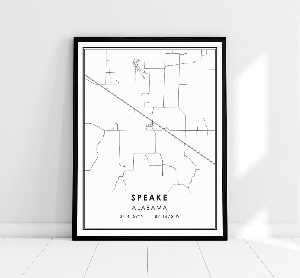 Speake Alabama Minimalist Street Map Art Black Frame Wall Print