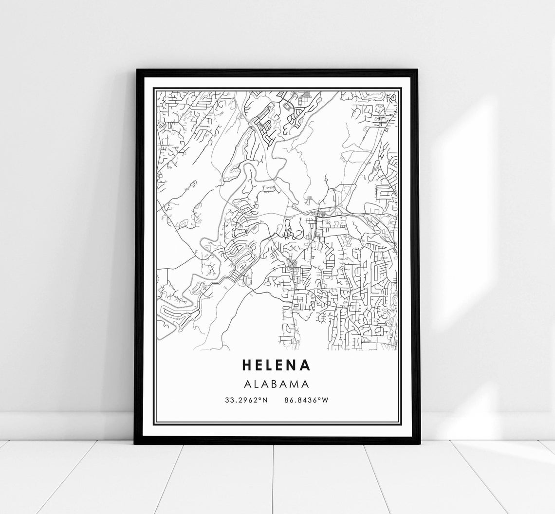 Helena Alabama City Street Map Minimalist Black and White Print