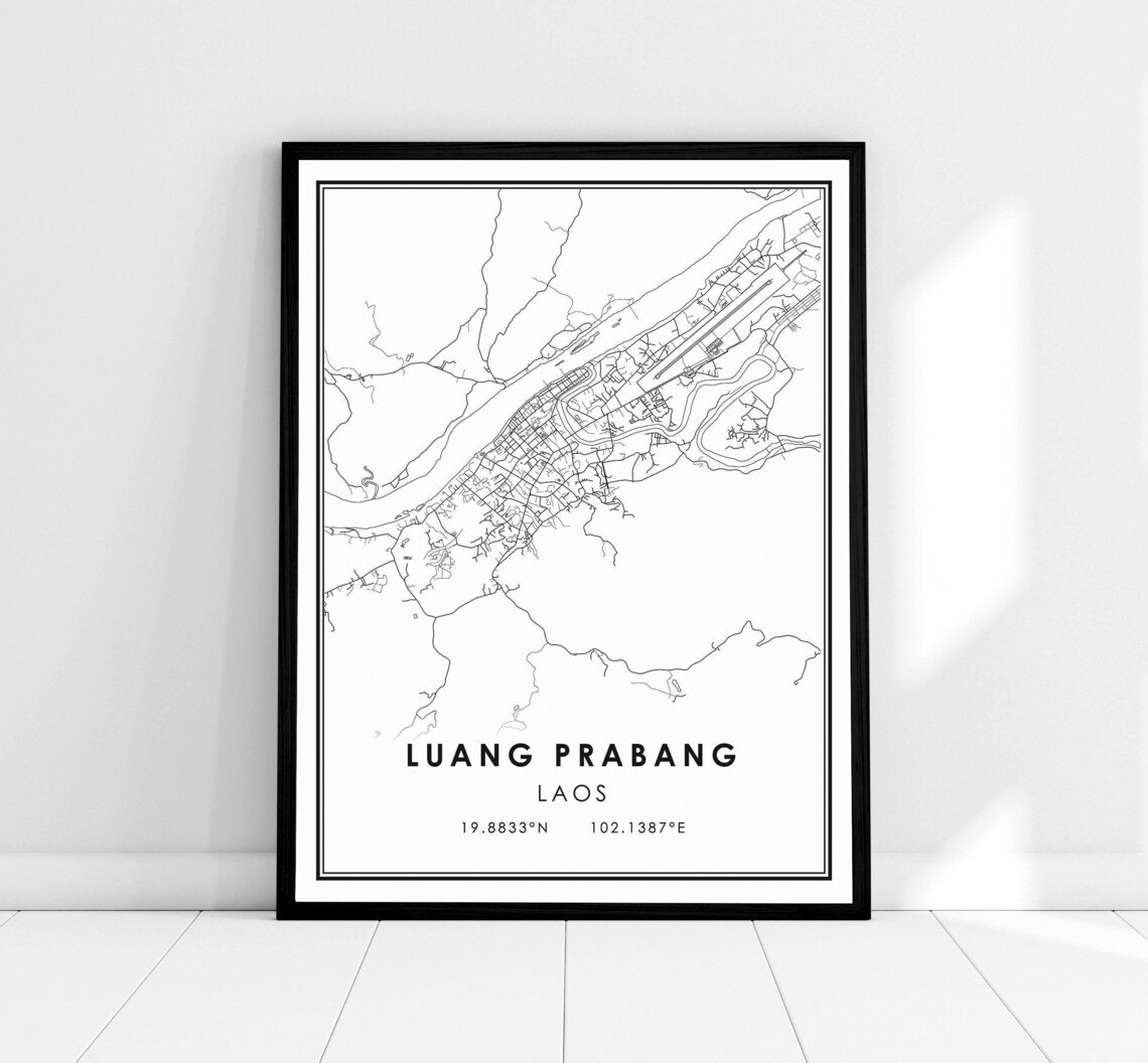 Luang Prabang Laos City Street Map Black and White Minimalist Poster