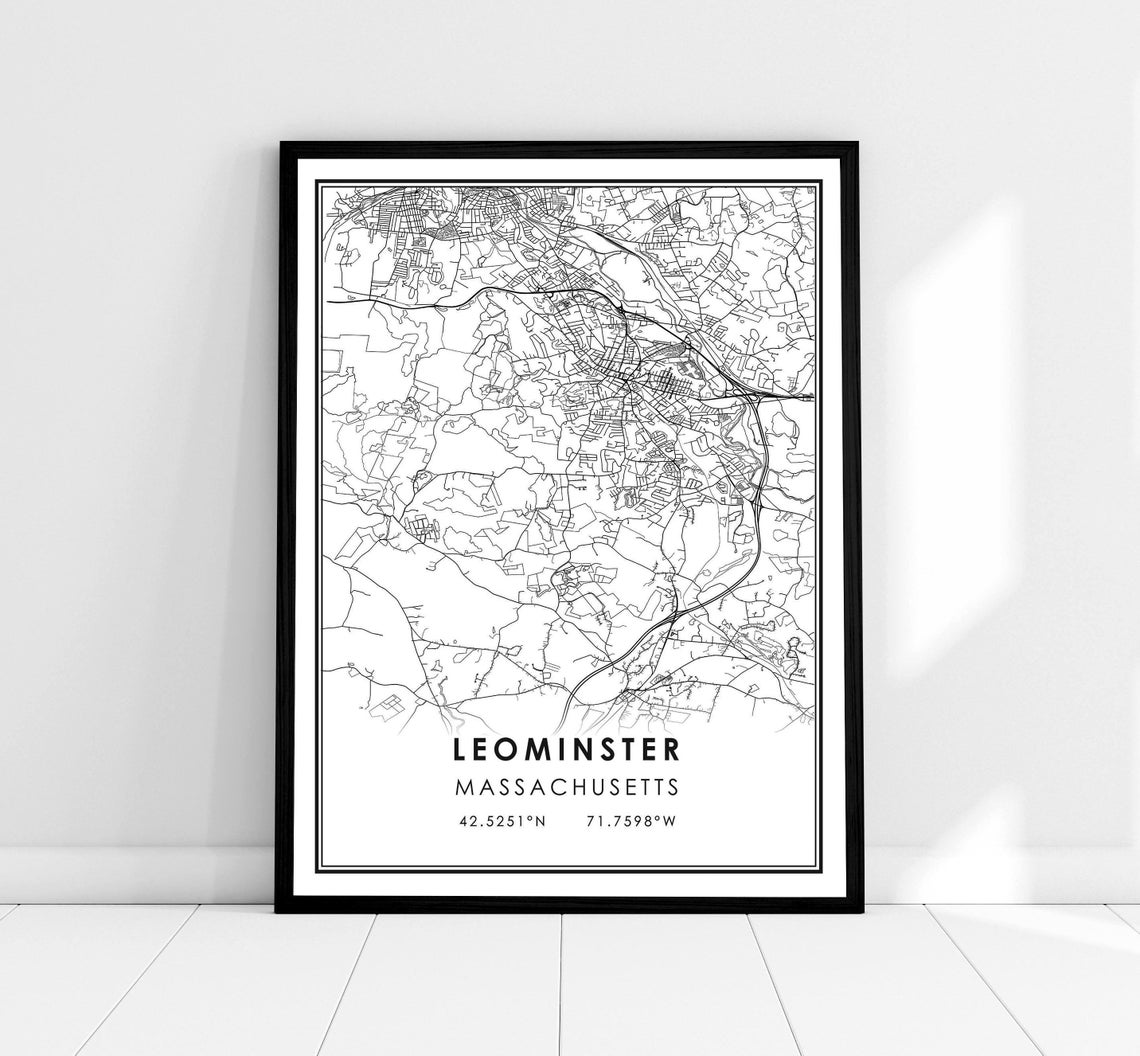 Leominster Massachusetts Minimalist Black and White City Map Poster