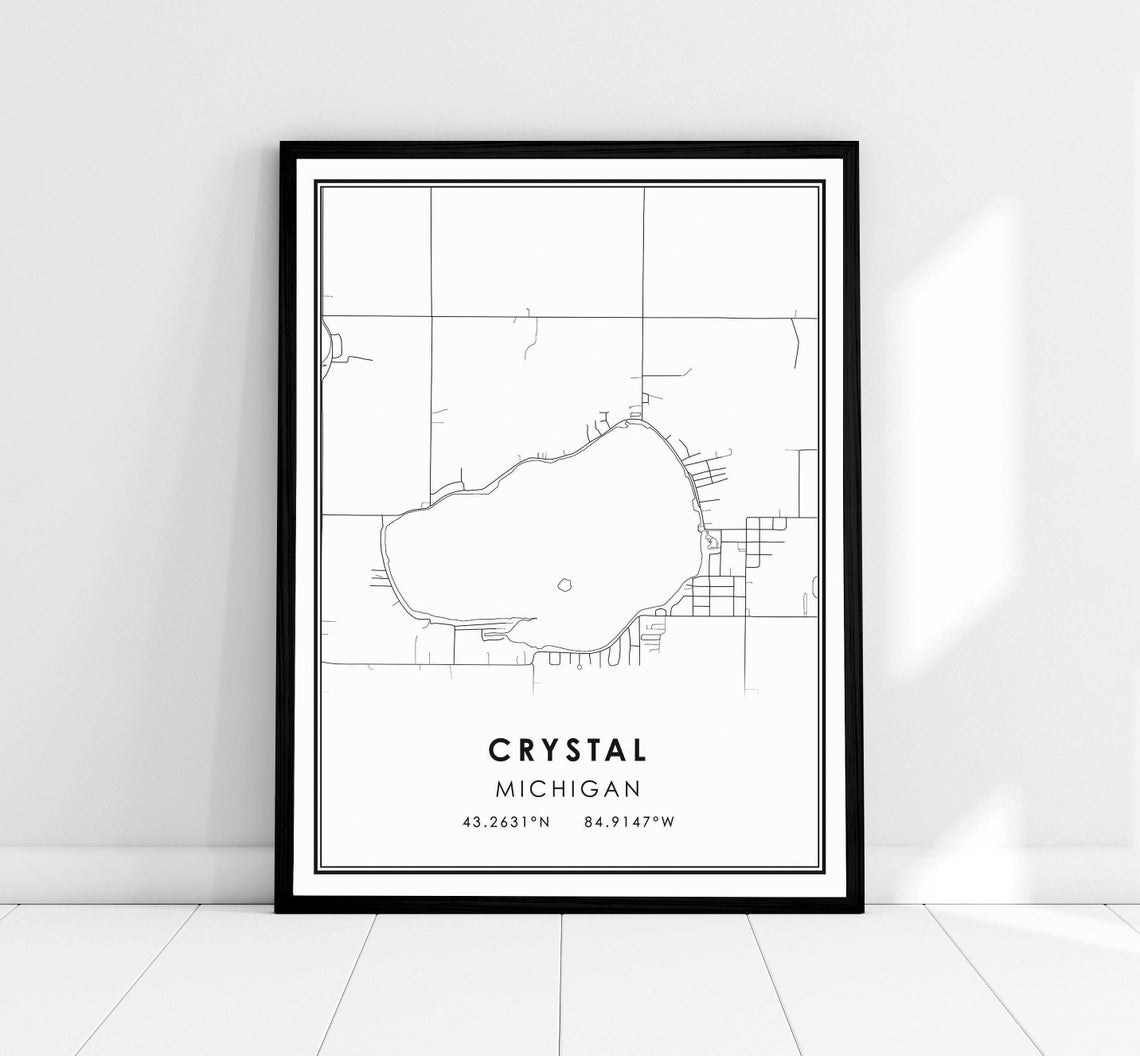 Crystal Michigan Minimalist Town Map Line Art Coordinates Poster
