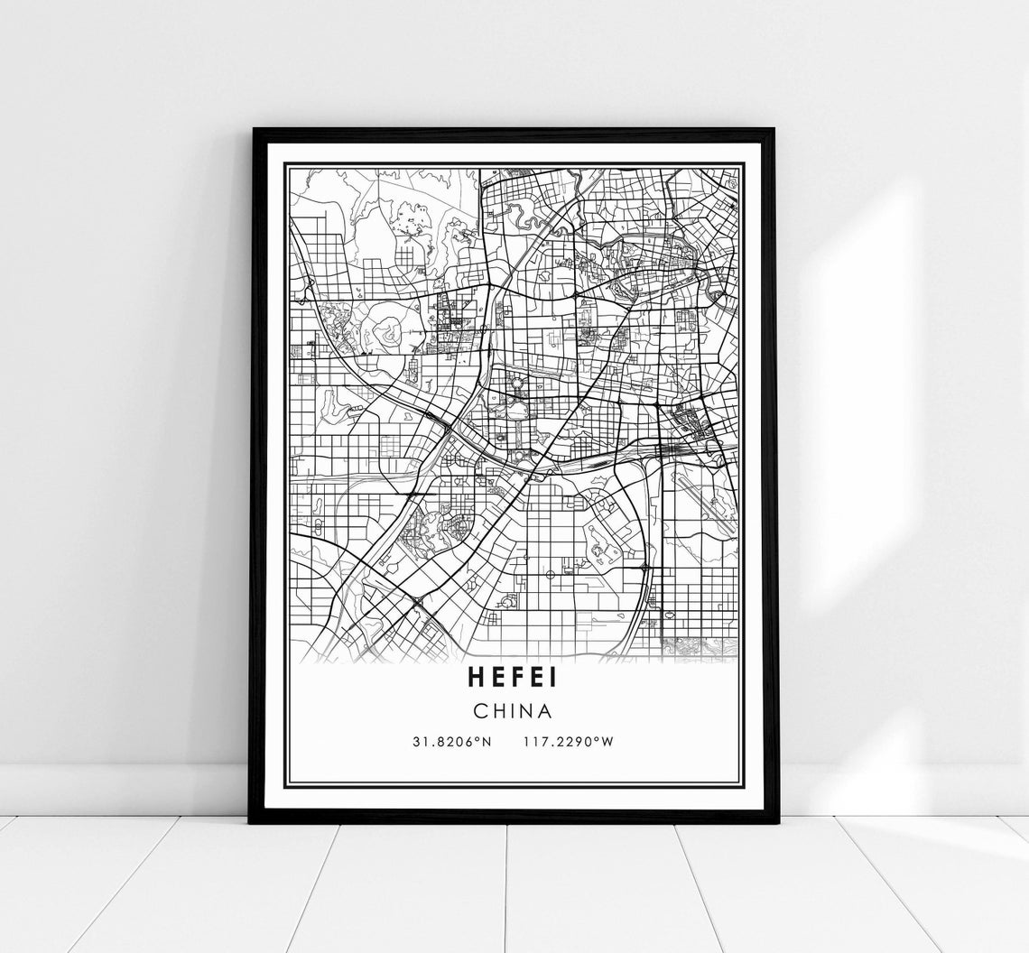 Hefei China Modern Minimalist City Street Map Line Art Poster