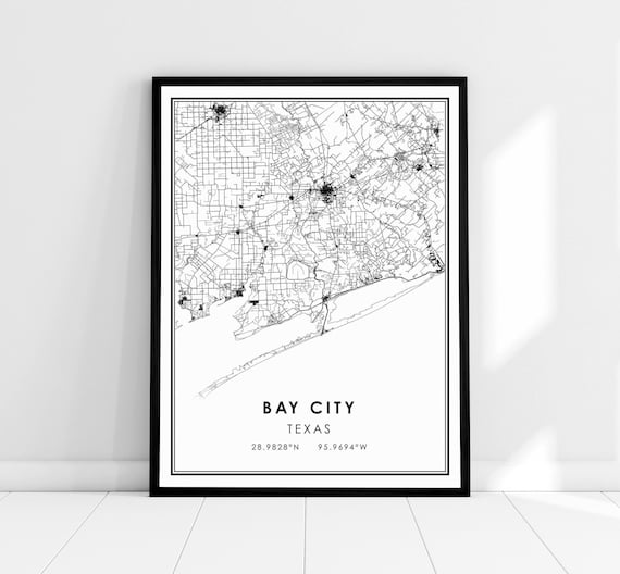 Bay City Texas Minimalist Black and White City Map Wall Poster