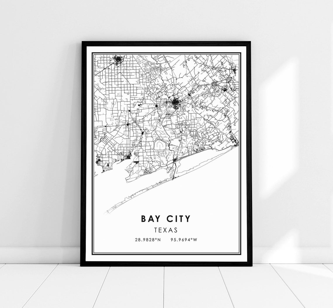 Bay City Texas Minimalist Black and White City Map Wall Poster
