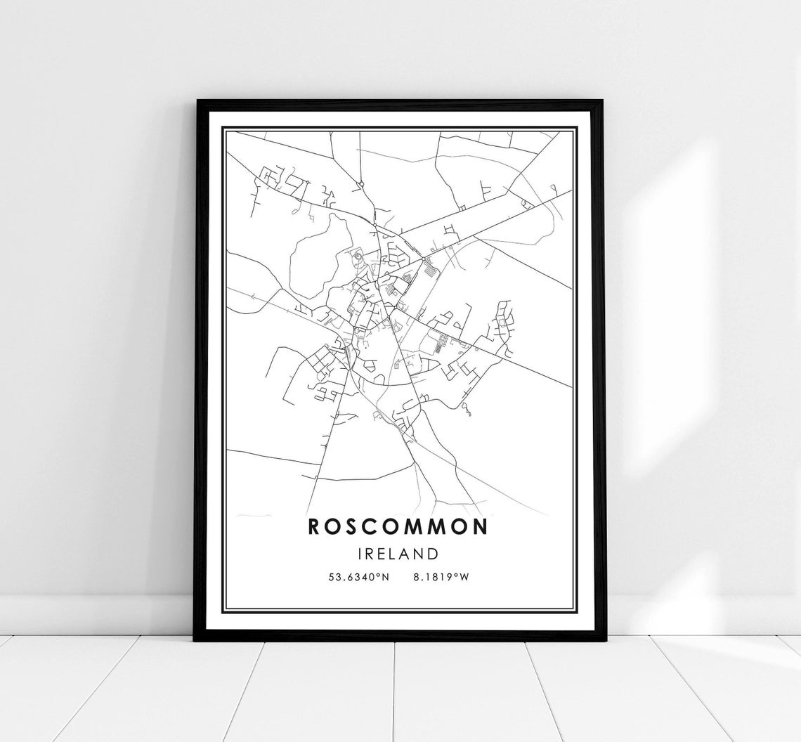 Roscommon Ireland City Street Map Minimalist Black White Poster