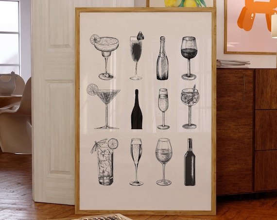 Vintage Cocktail Glasses Sketch Margarita Martini Bar Art Poster