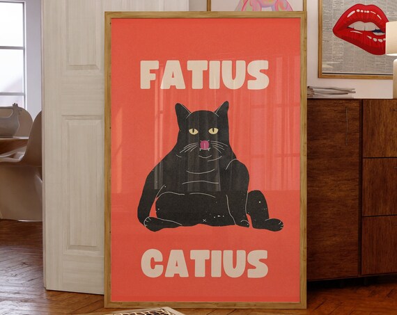 Fatius Catius Funny Chubby Black Cat Illustration Animal Poster