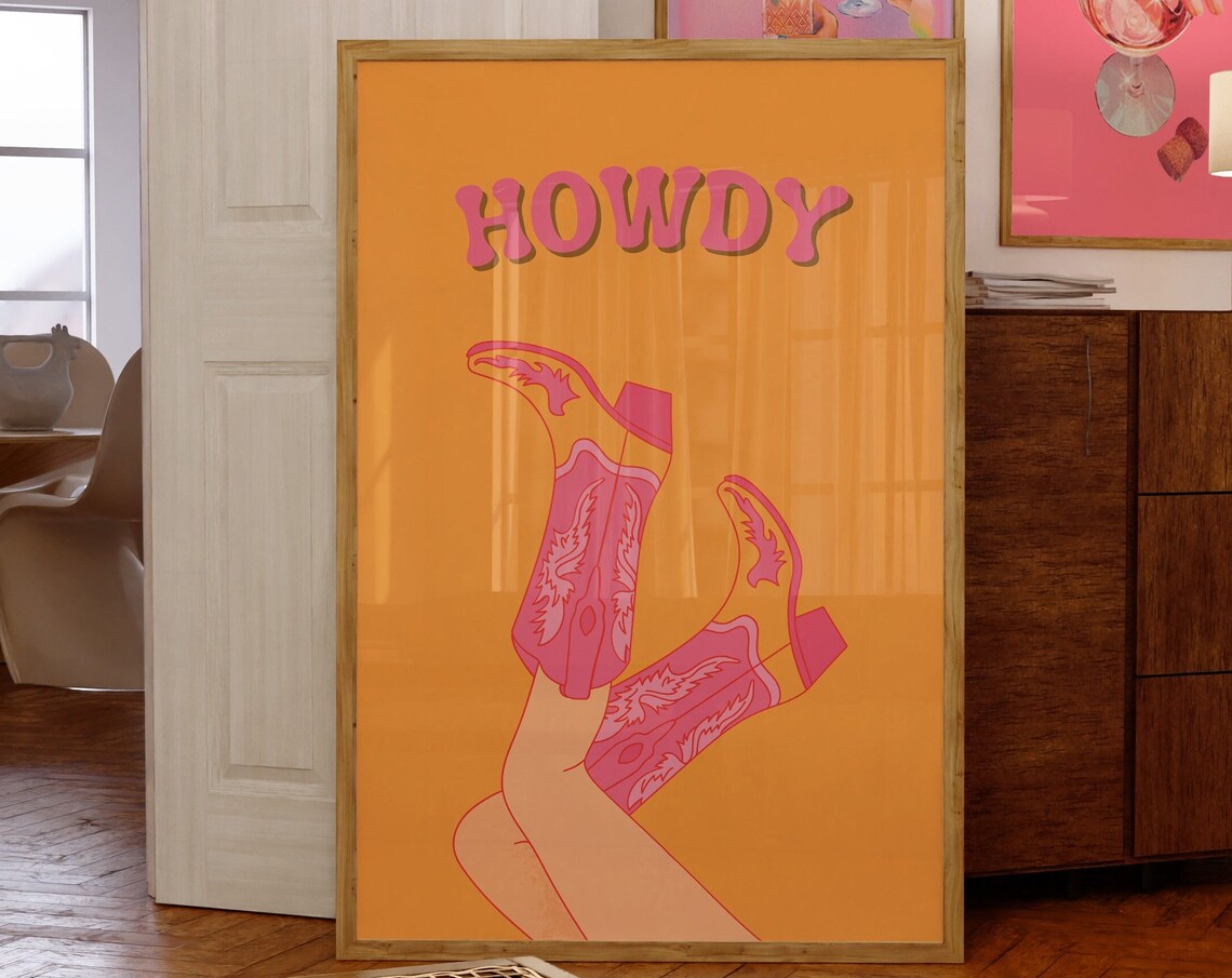 Howdy Pink Cowboy Boots Retro Western Girly Dorm Room Wall Poster