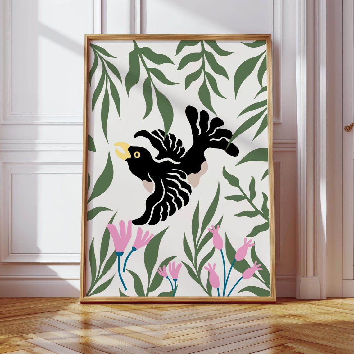 Black Tropical Bird Botanical Jungle Leaves Floral Art Poster