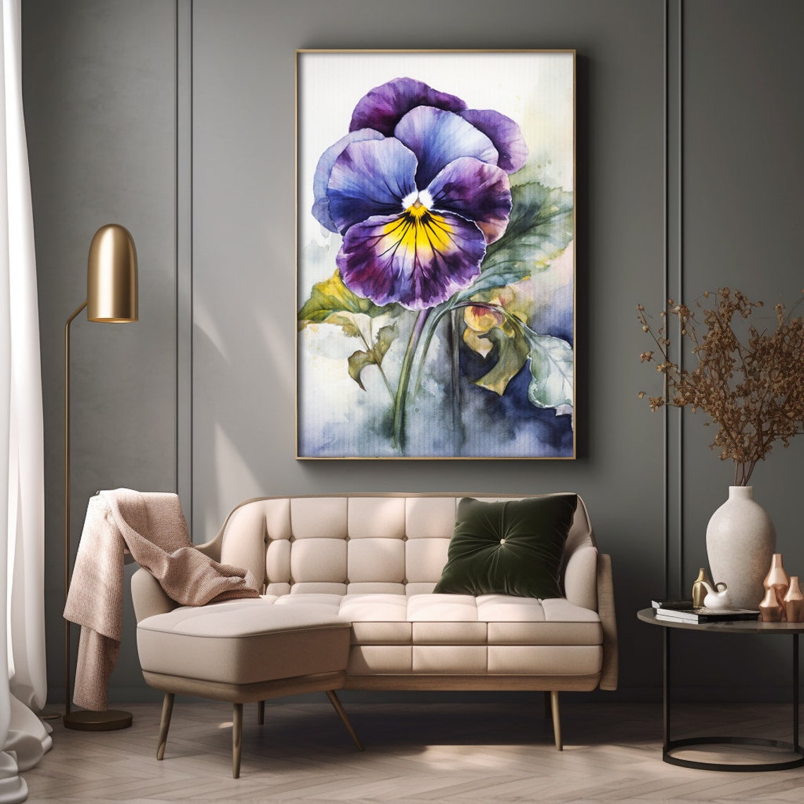 Pansy Flower Watercolor Painting Realistic Viola Flower Watercolor For Hallway Bathroom Living Room Office Purple Pansy Painting - Image 2