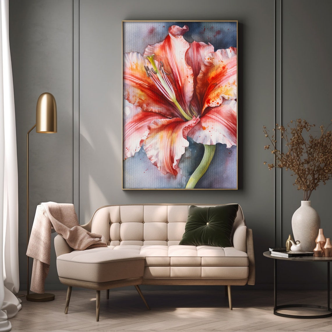 Amaryllis Flower Watercolor Painting Realistic Naked Lady Flower Watercolor For Hallway Bathroom Living Room Office Lily Painting - Image 2
