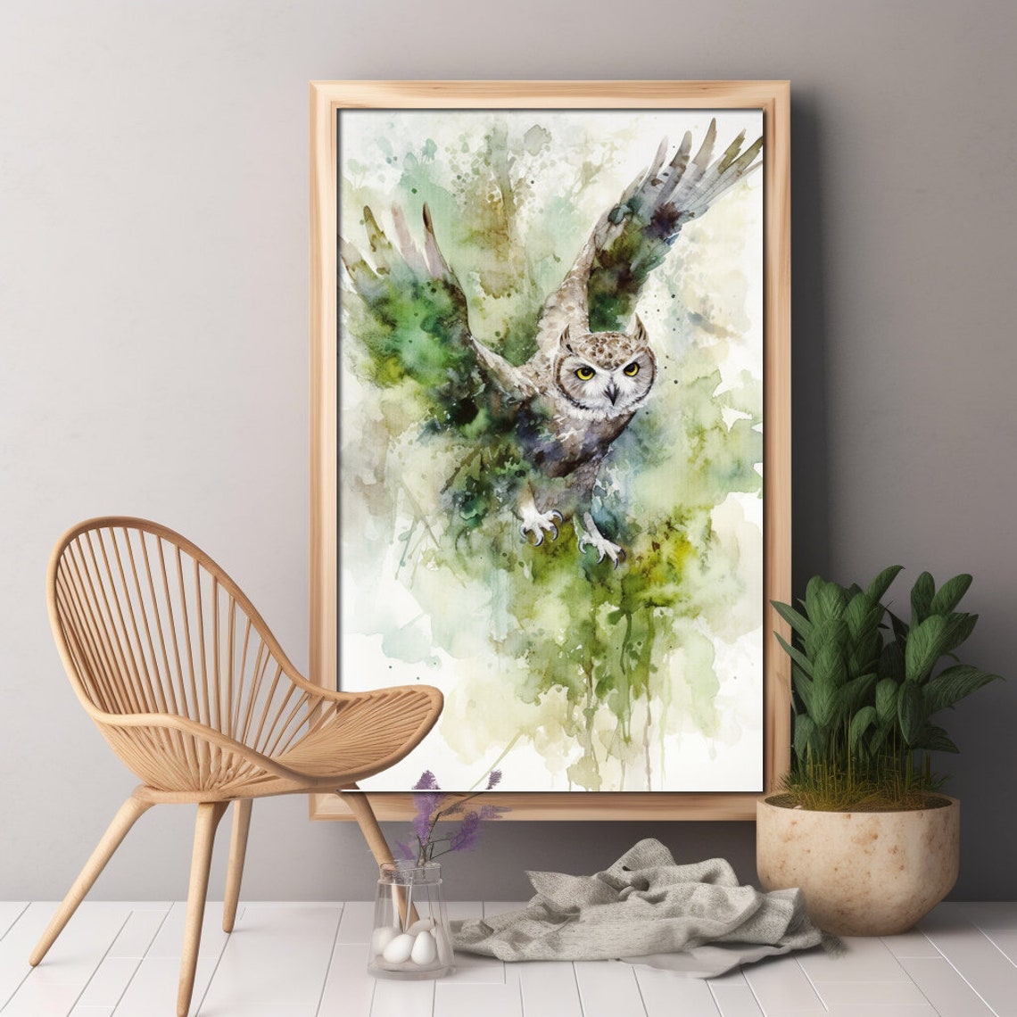 Owl in Flight Watercolor Painting Green Forest Night Bird Poster - Image 4