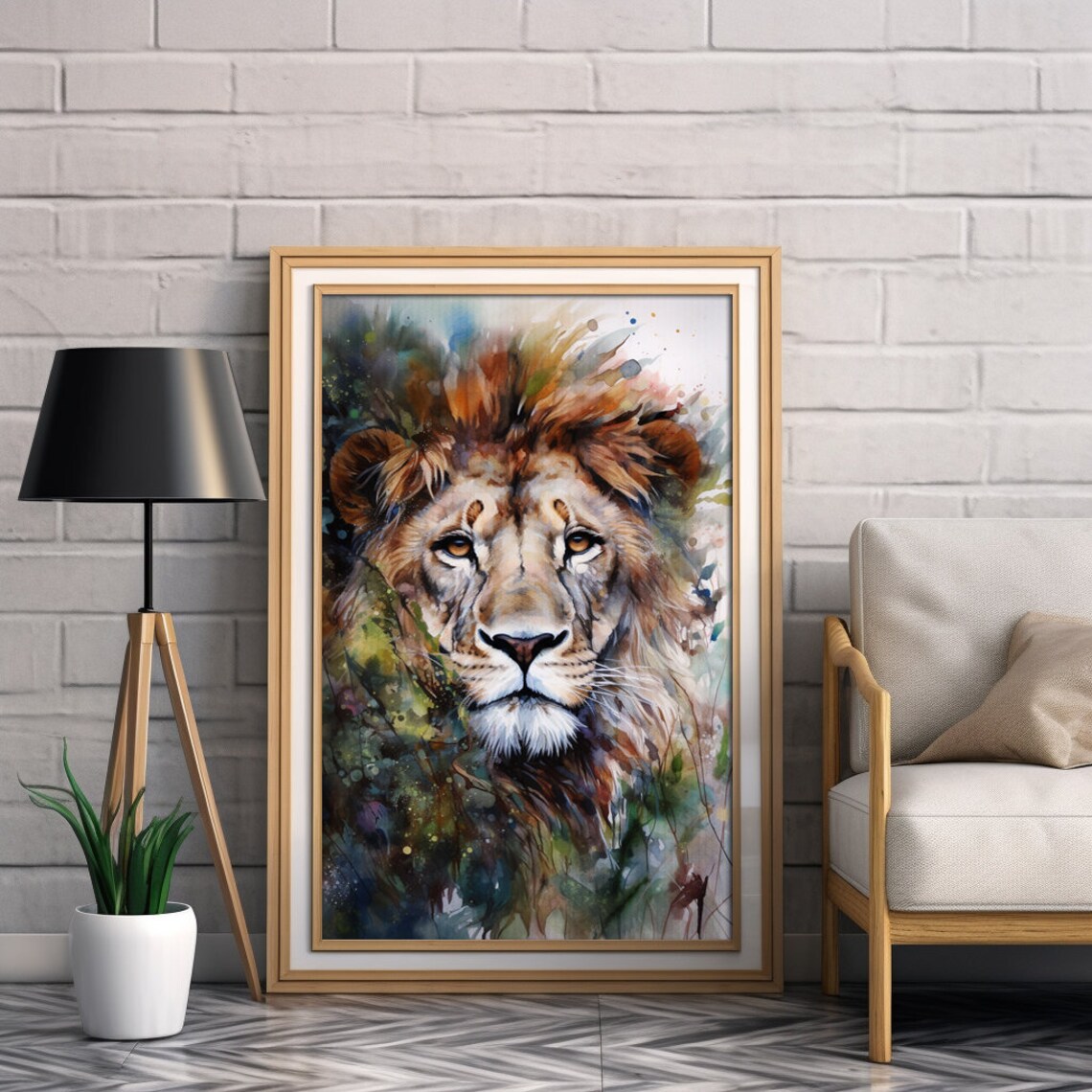 Majestic Lion Face Portrait Watercolor Wildlife Painting Poster - Image 2