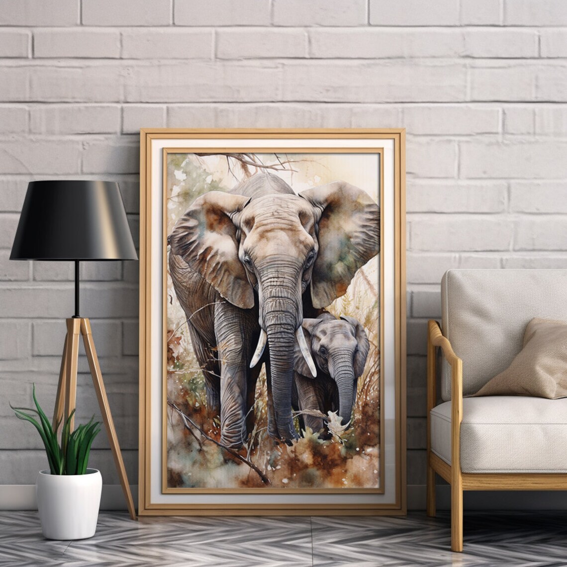 African Elephant and Calf Watercolor Wildlife Safari Painting Poster - Image 3