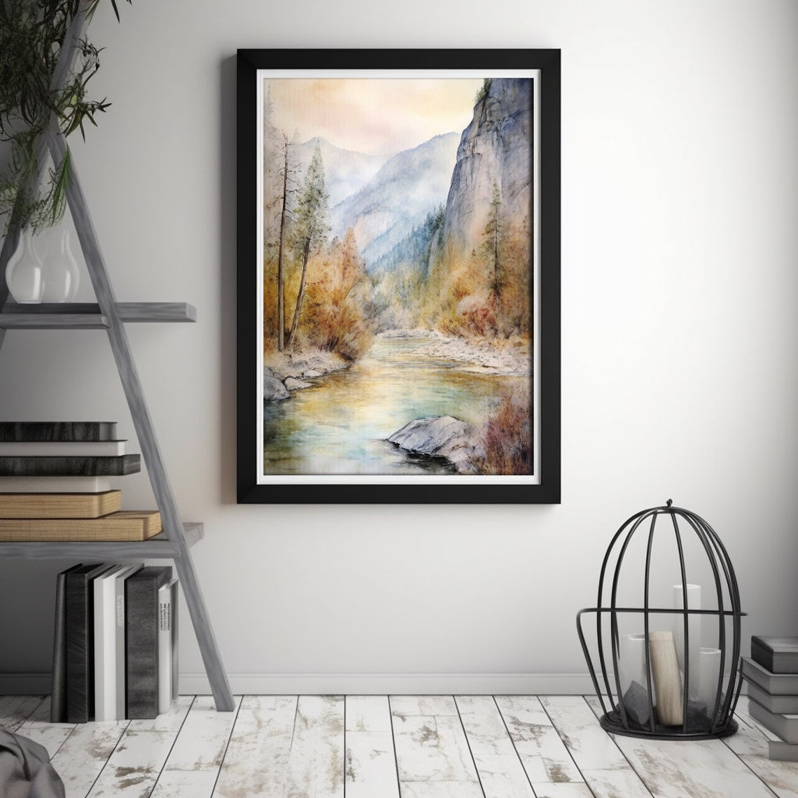 Misty Mountain River Valley Autumn Watercolor Landscape Poster - Image 3