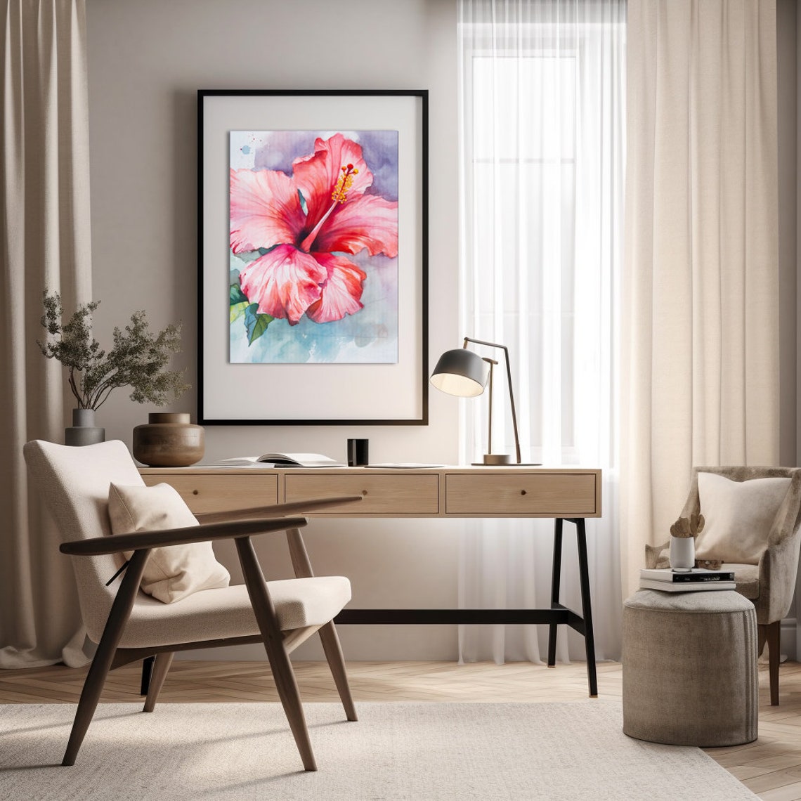 Hibiscus Flower Watercolor Painting Realistic Hibiscus Watercolor For Hallway Bathroom Living Room Office Hibiscus Painting - Image 2