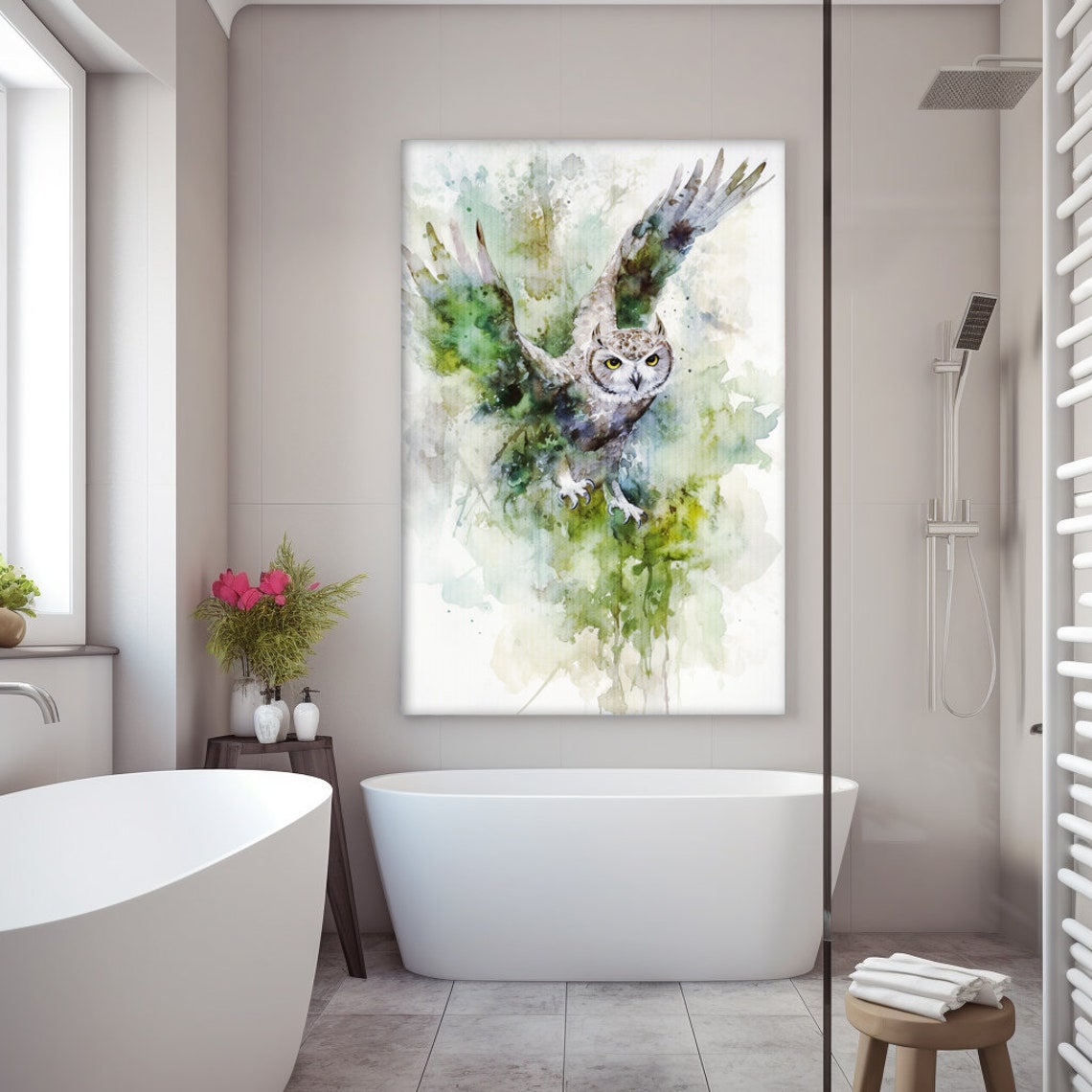 Owl in Flight Watercolor Painting Green Forest Night Bird Poster - Image 3