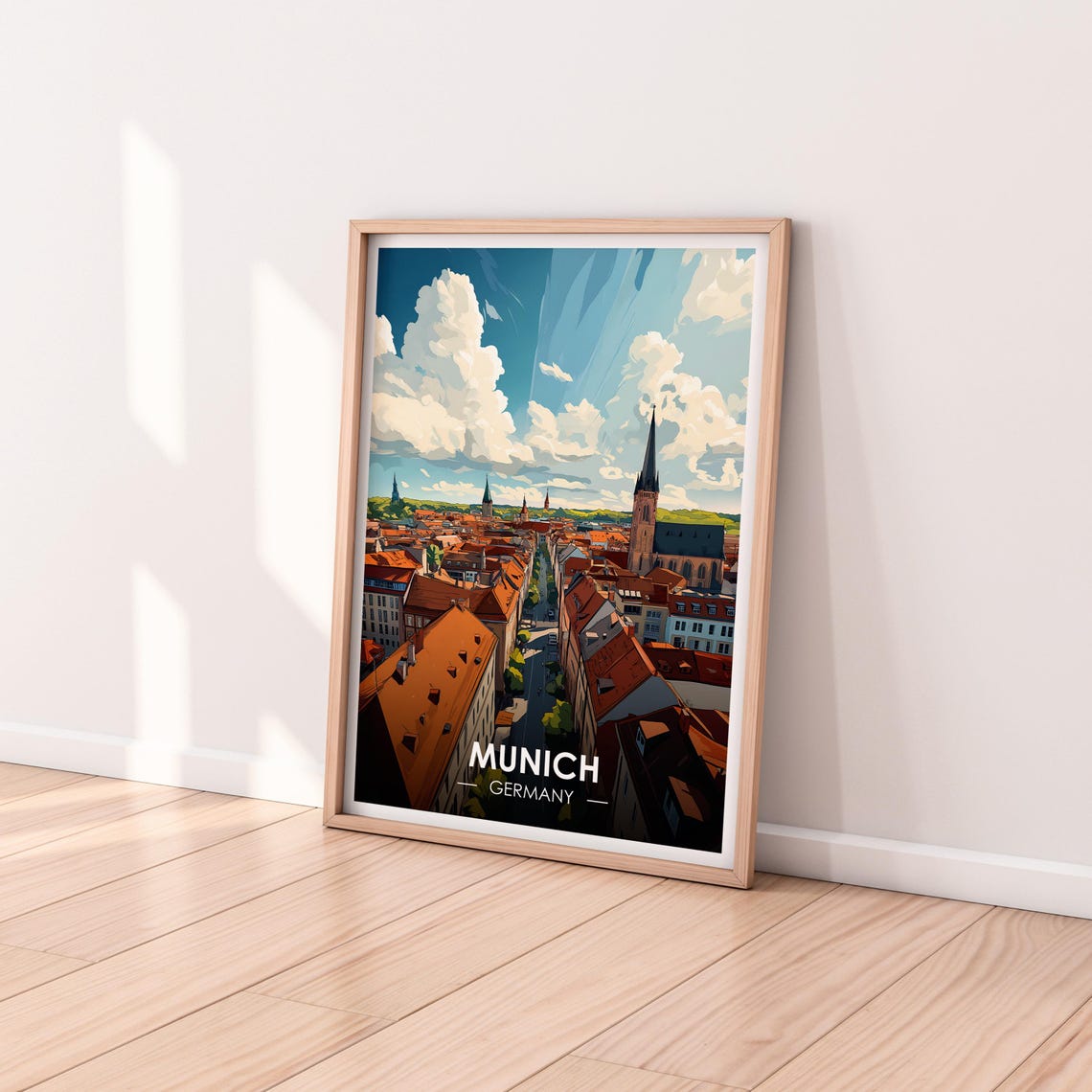 Munich Germany Old Town Red Rooftops Church Spires Retro Travel Poster - Image 2