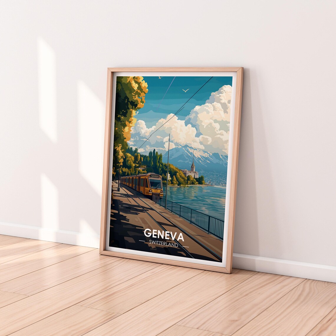 Geneva Switzerland Tram Along The Lake Mountains Travel Poster - Image 2