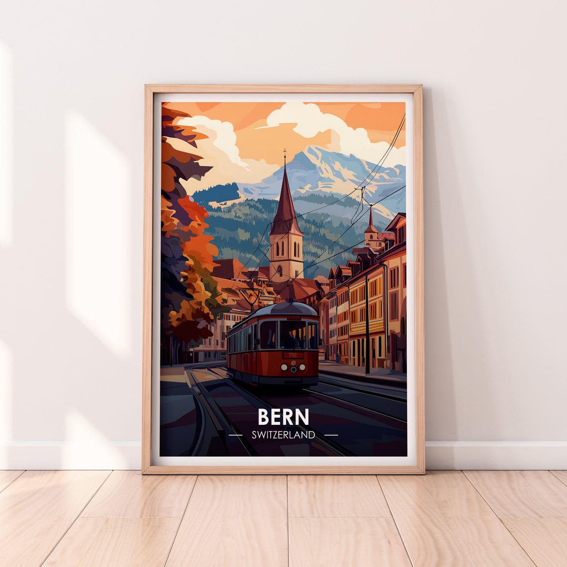 Bern Switzerland Red Tram Autumn Snowy Mountains Travel Poster