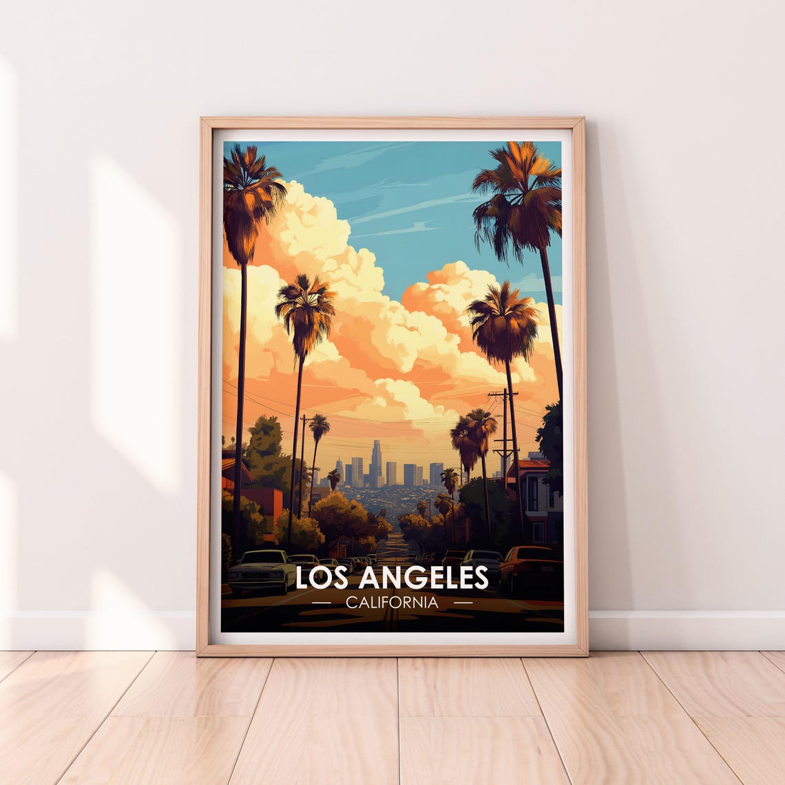 Los Angeles Palm Lined Street Downtown Skyline Sunset Poster