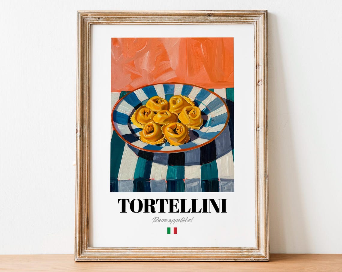 Tortellini Italian Pasta Bowl Poster On Striped Table Orange Art