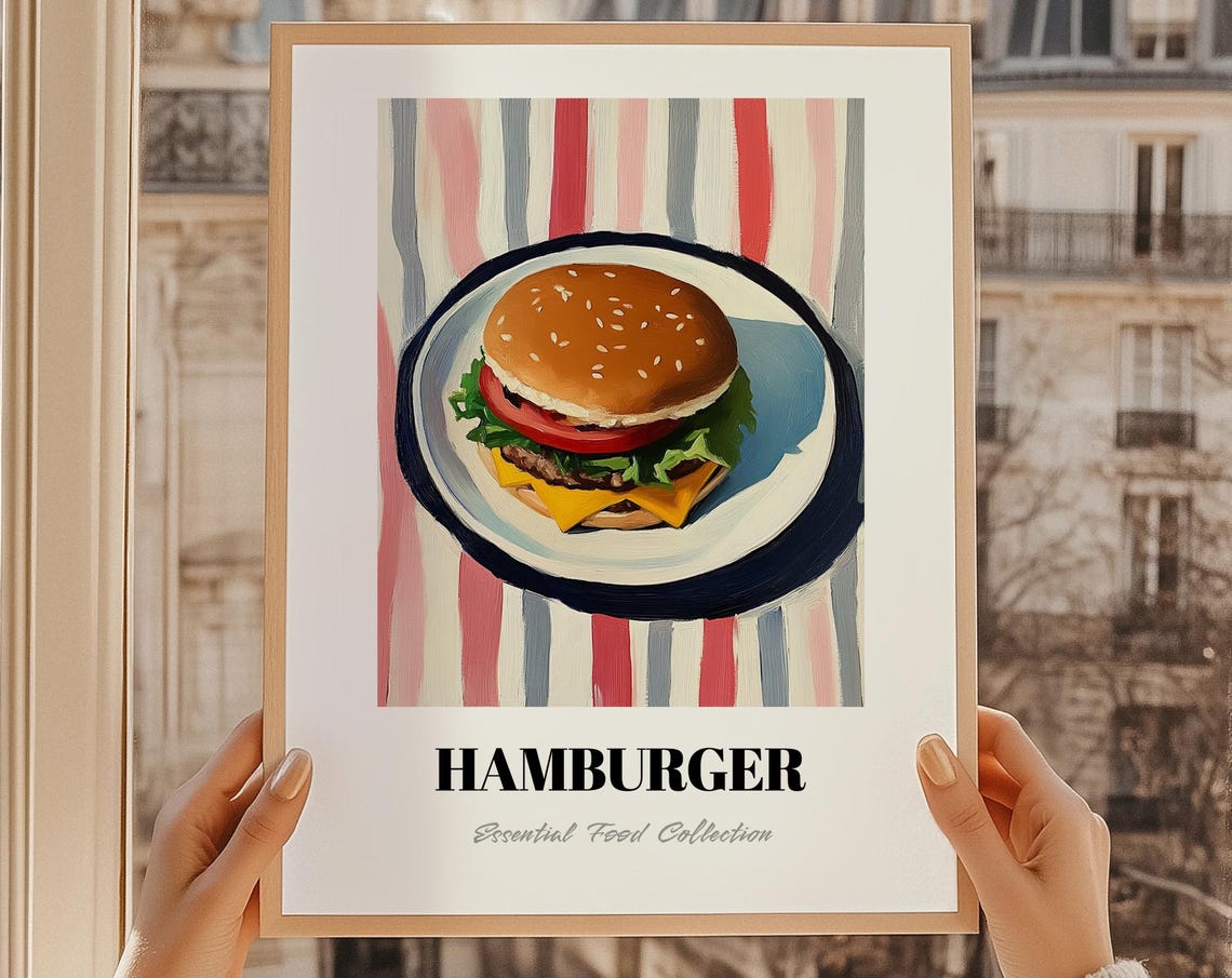 Cheeseburger Art Poster Striped Background Fun Kitchen Wall Decor