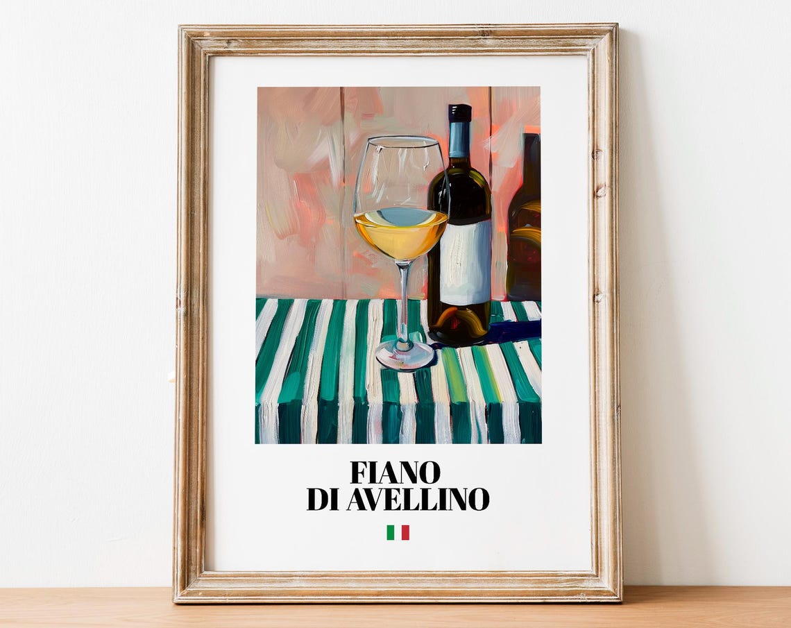 Fiano di Avellino Italian White Wine Poster Bottle Glass Striped Cloth