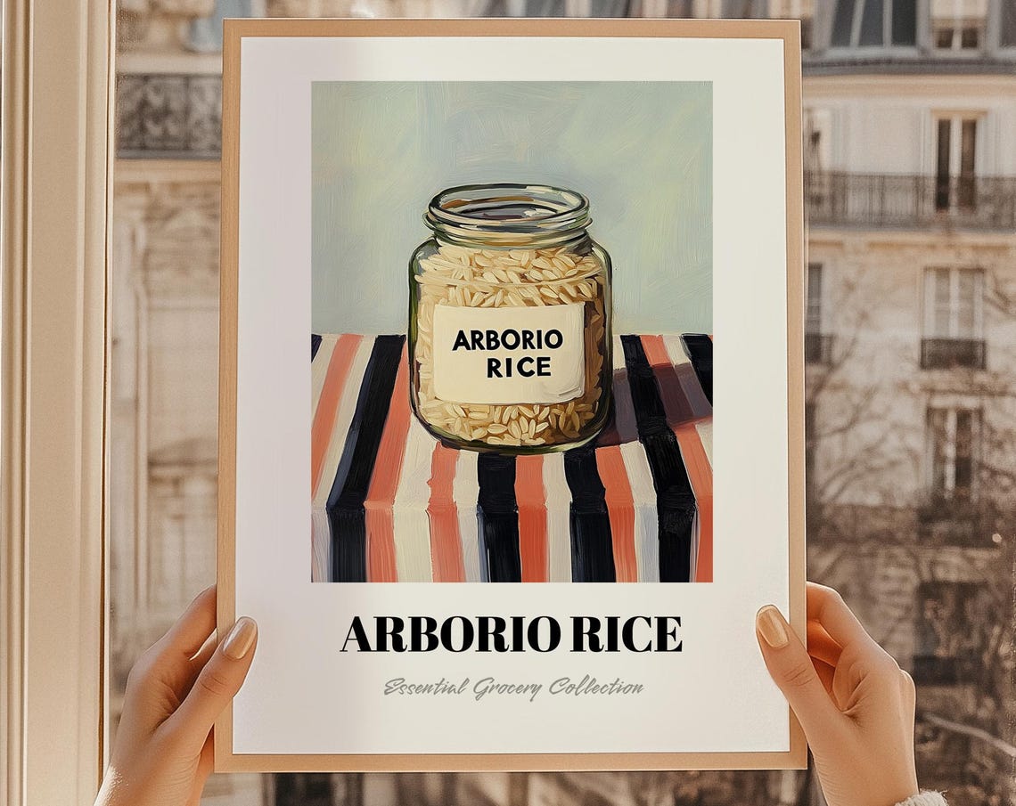 Painted Arborio Rice Jar On Striped Tablecloth Kitchen Poster