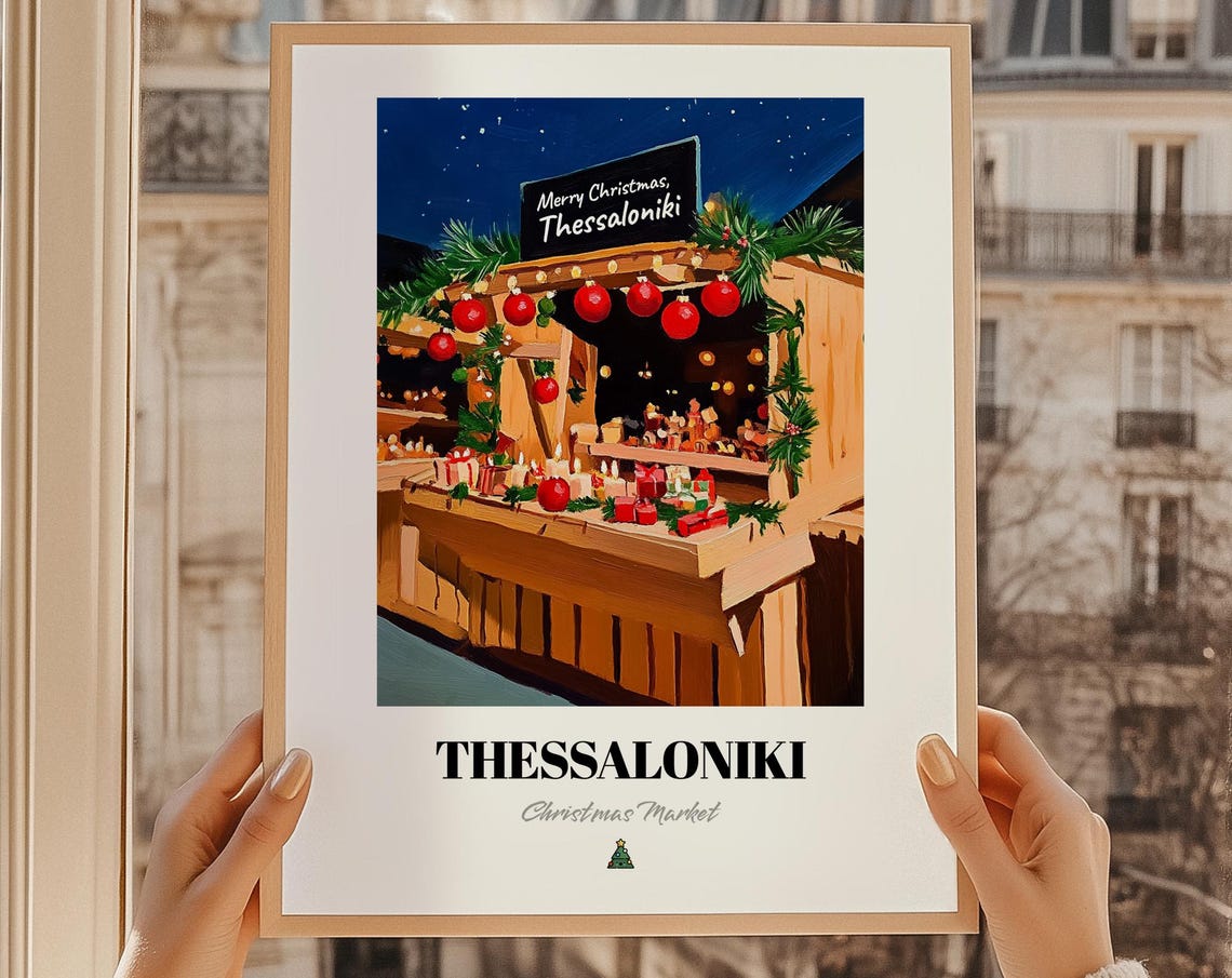 Thessaloniki Christmas Market Night Stall Greece Travel Poster