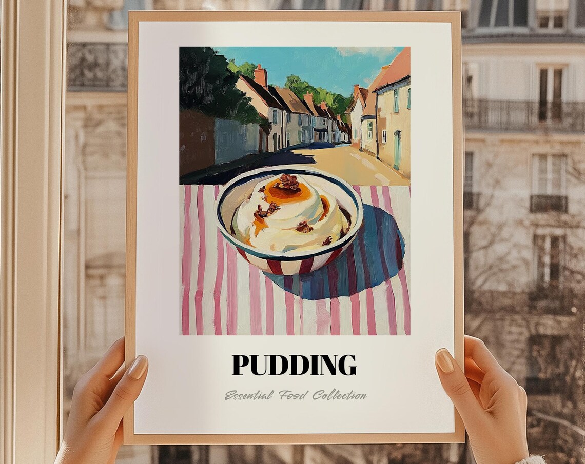 Pudding With Caramel Sauce Painted Dessert Illustration Kitchen Decor Poster