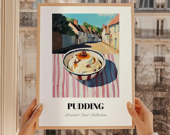 Pudding With Caramel Sauce Painted Dessert Illustration Kitchen Decor Poster