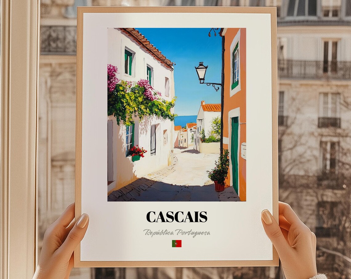 Cascais Portugal White Alley Bougainvillea Oil Painting Travel Poster