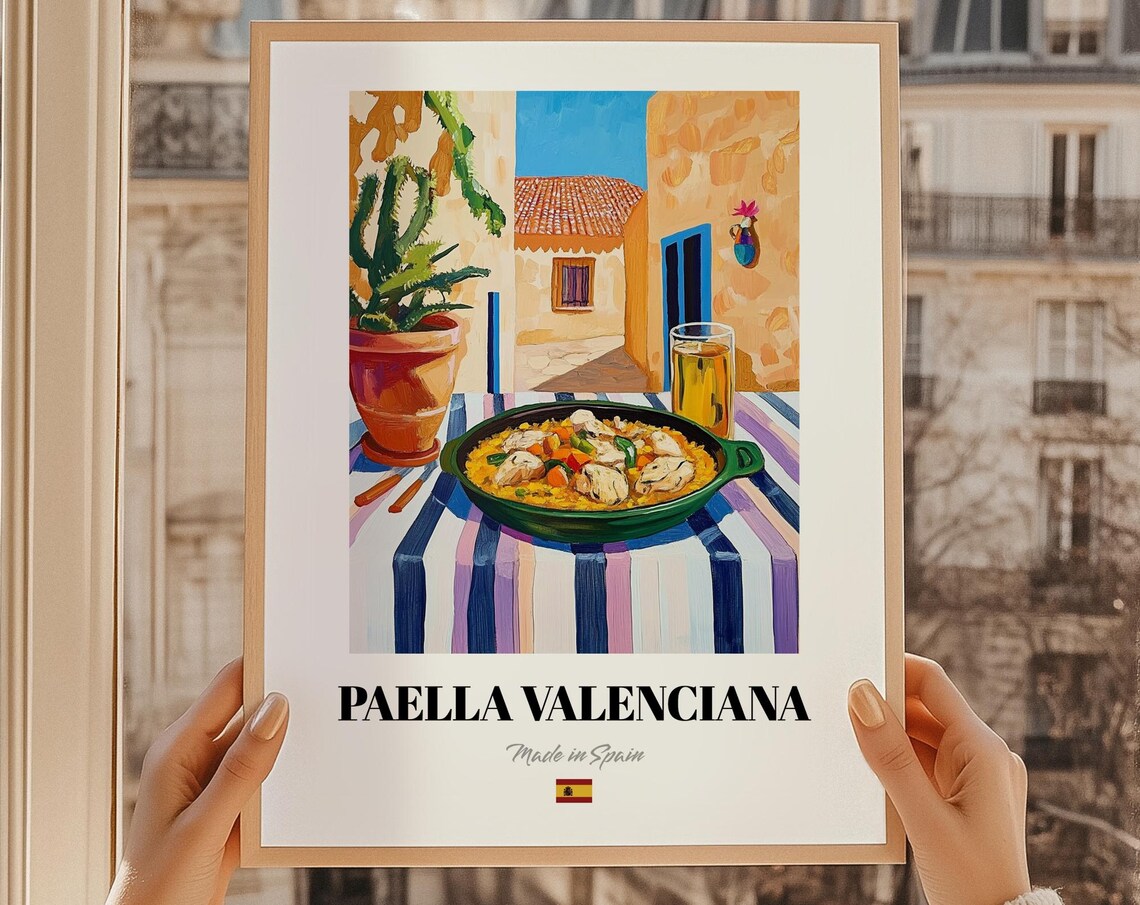 Paella Valenciana Spanish Food Poster, Dining Room Art Print