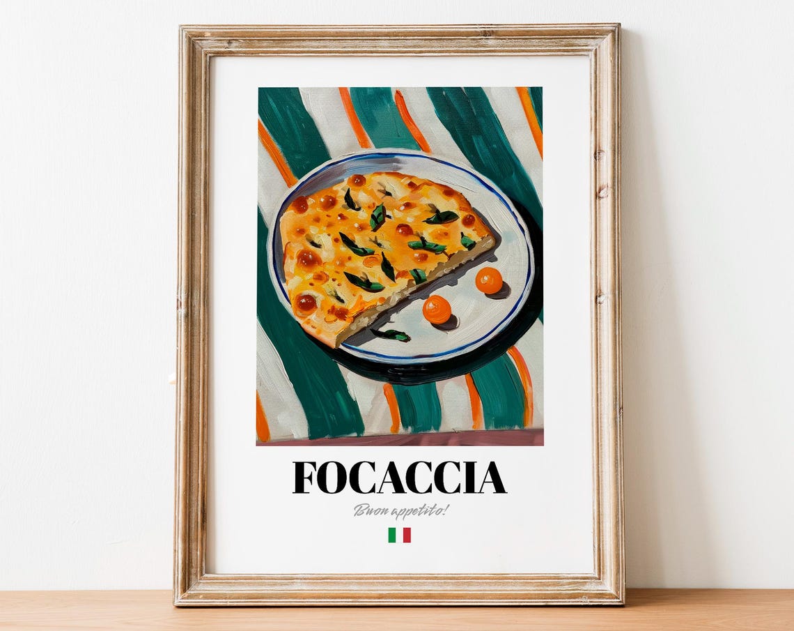 Focaccia Italian Flatbread Poster With Cherry Tomatoes And Basil