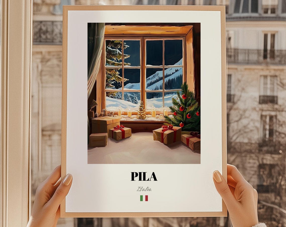 Pila Italia Christmas Window Snowy Mountain View Travel Poster