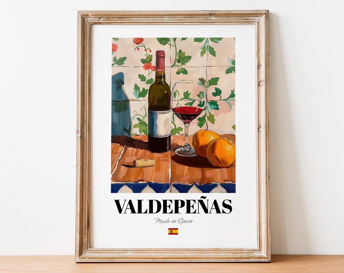 Valdepenas Spanish Red Wine Bottle Glass Orange Still Life Poster