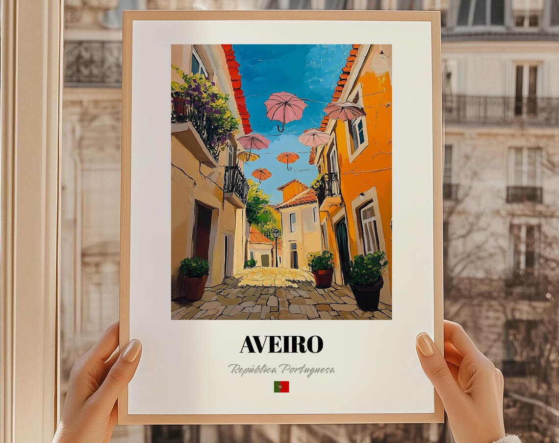 Aveiro Portugal Umbrella Street Oil Painting Style Travel Poster