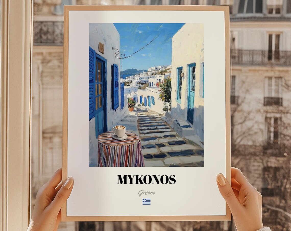 Mykonos Greece White Alley Blue Doors Oil Painting Travel Poster