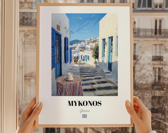 Mykonos Greece White Alley Blue Doors Oil Painting Travel Poster