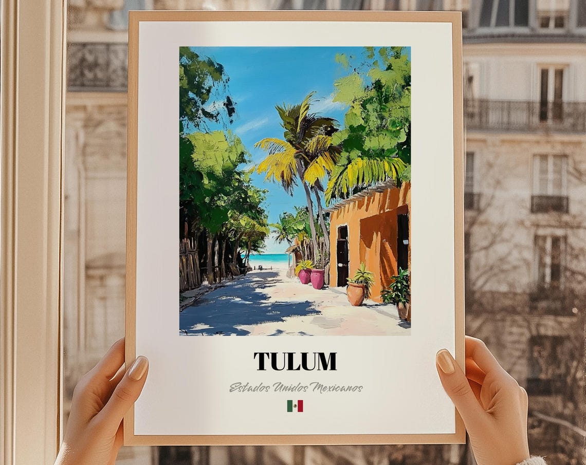 Tulum Mexico Caribbean Tropical Beach Street Palms Travel Poster