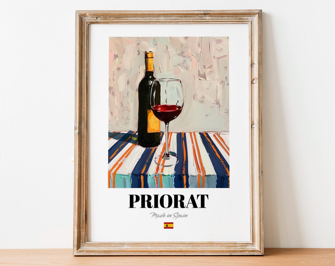 Priorat Spanish Wine Bottle and Glass Striped Cloth Wall Poster