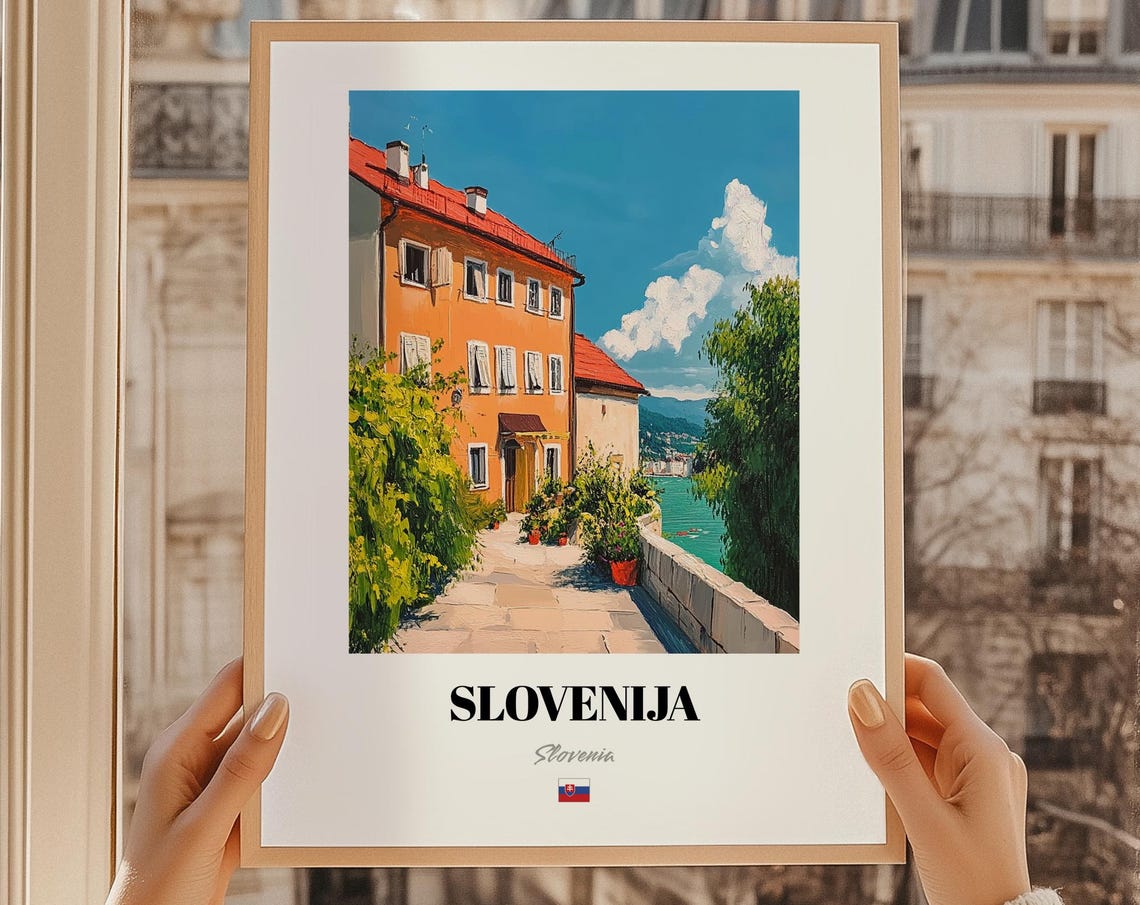 Slovenija Slovenia Sunlit Waterfront Alley Oil Painting Poster