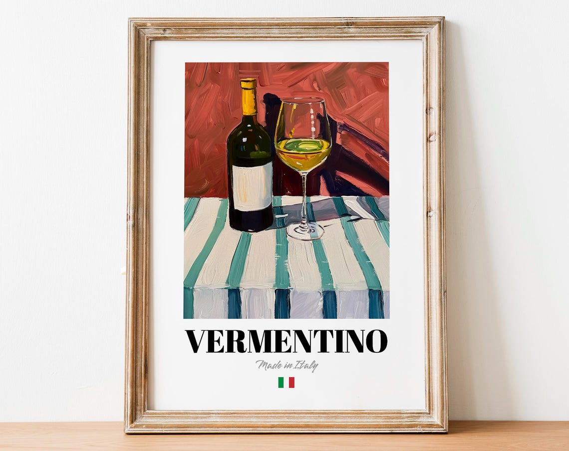 Vermentino Italian White Wine Poster Bold Red Background Bottle Glass