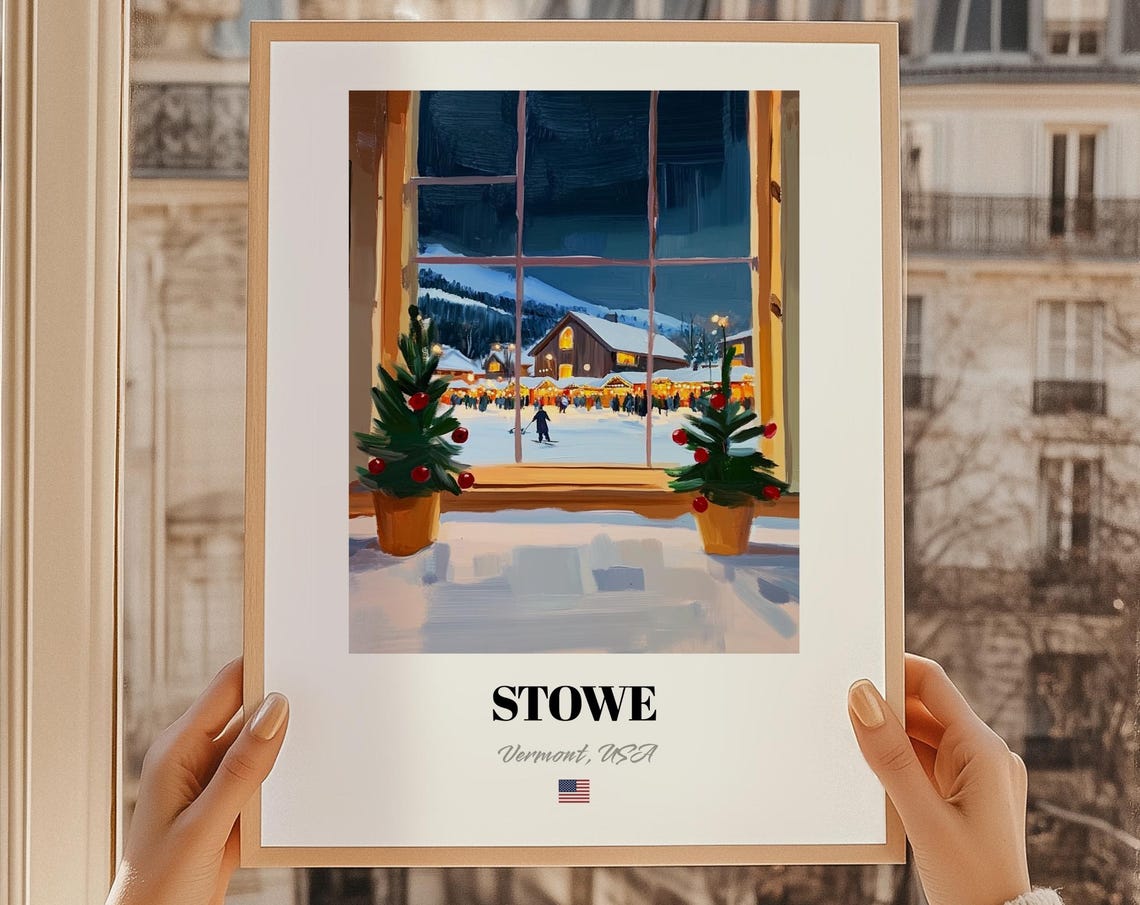 Stowe Vermont Ski Village Night Window Christmas Trees Poster