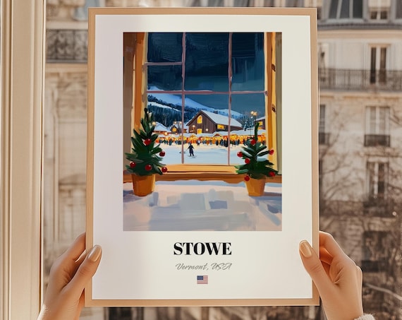 Stowe Vermont Ski Village Night Window Christmas Trees Poster