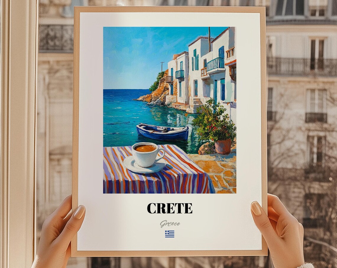 Crete Greece Travel Poster Seaside Village Blue Boat Painting Island Art