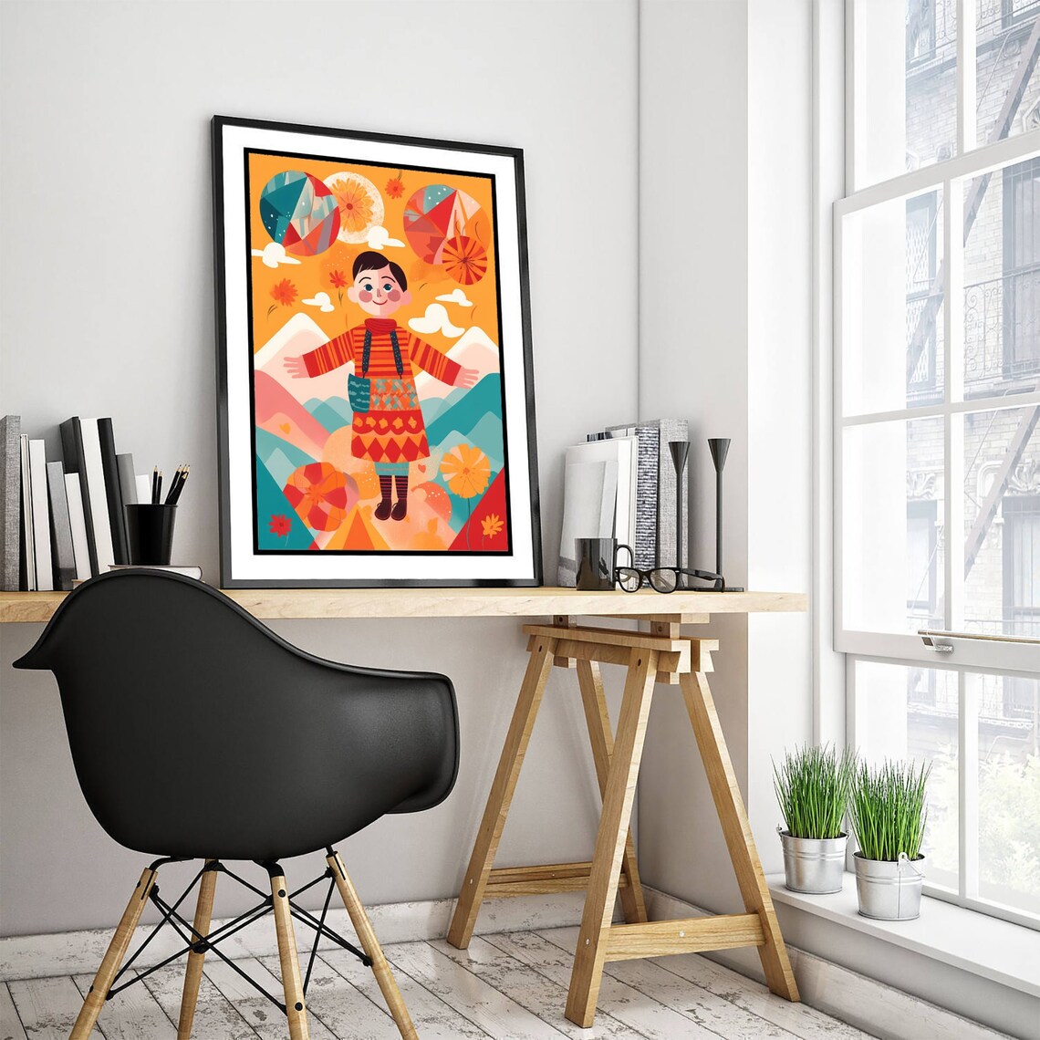 Smiling Italian Girl in Folk Costume Mountain Landscape Art Poster - Image 3
