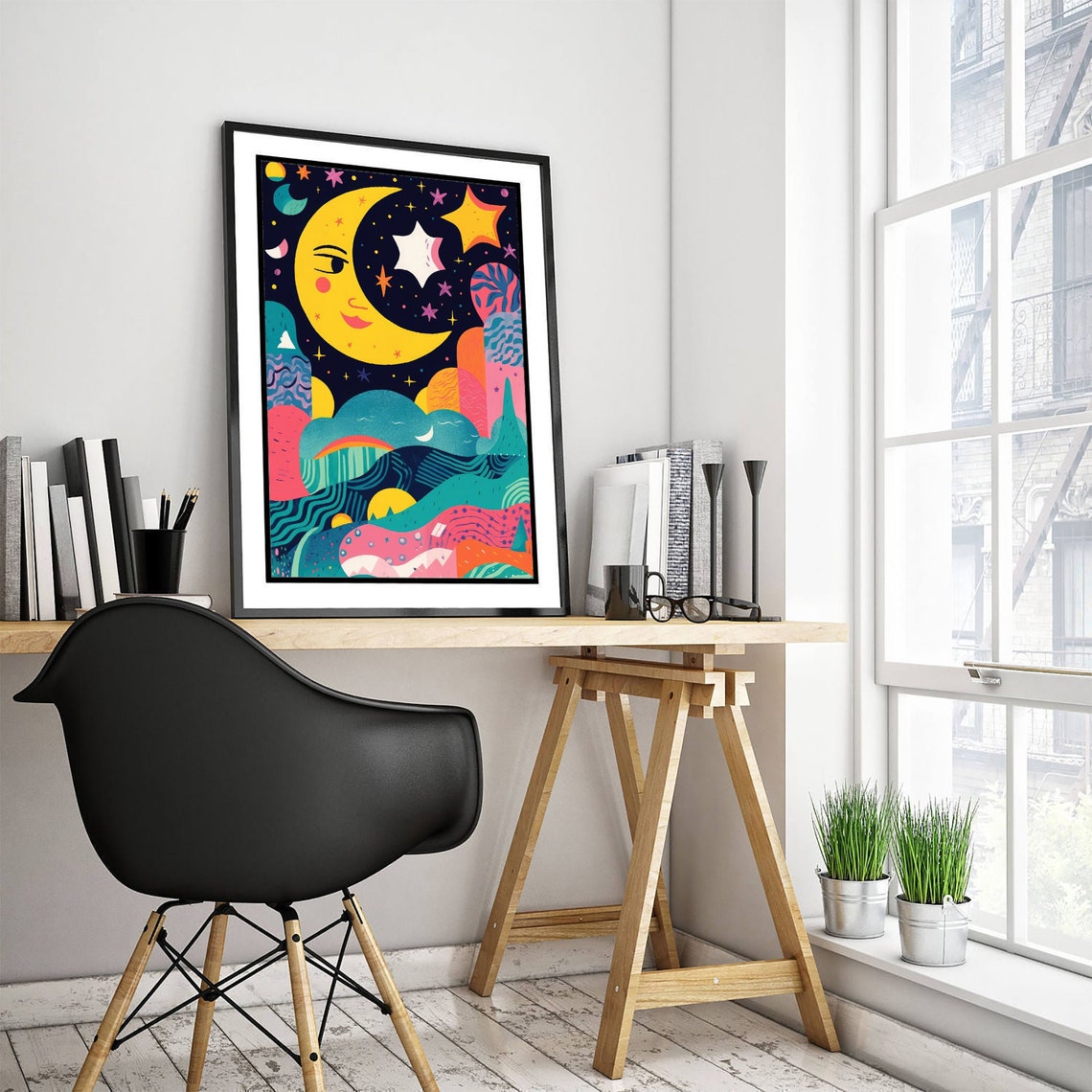 Nursery Holotone Moon And Stars 1 Art Print Poster Painting Museum Quality Giclee Home Wall Dcor - Image 3