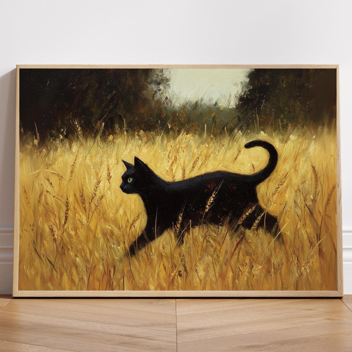 Vintage Black Cat Oil Painting, Wheat Field Landscape